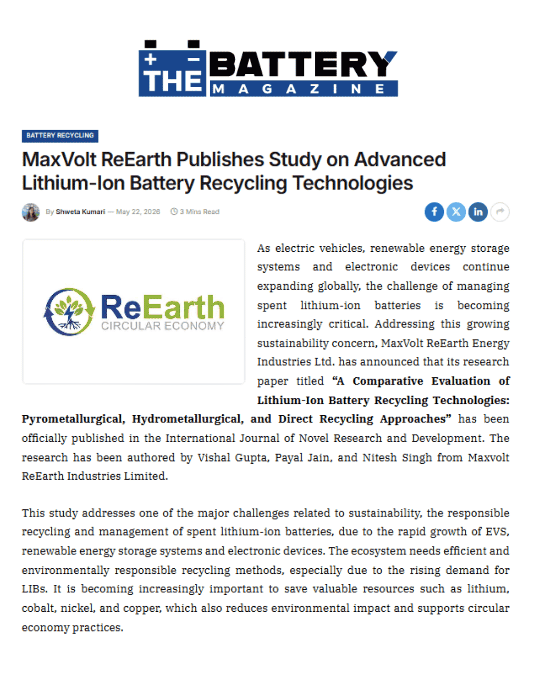 MaxVolt ReEarth: Lithium Battery Recycling Research Published Internationally